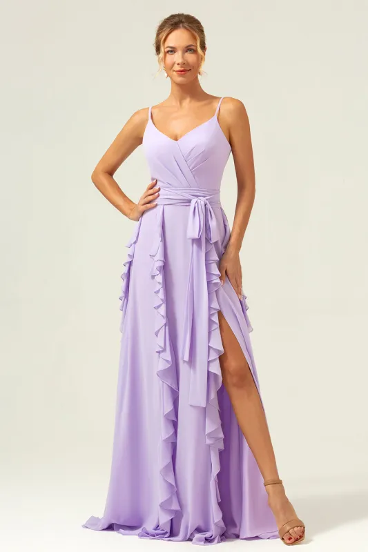 Lilac A Line Spaghetti Straps Chiffon Long Ruffled Bridesmaid Dress with Slit made by Wedtrend