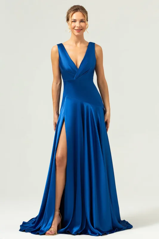 A Line V-Neck Satin Ruched Long Ink Blue Bridesmaid Dress with Slit sold by Wedtrend