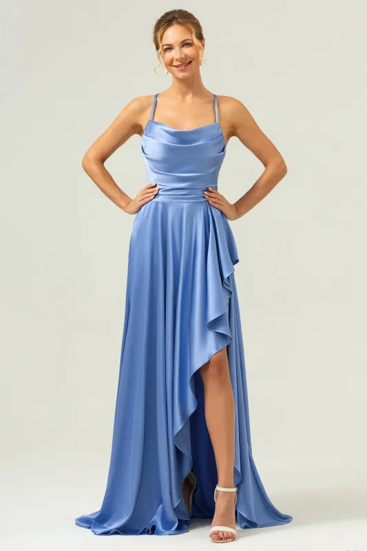 A Line Cowl Neck Satin Asymmetrical Ruffled Blue Bridesmaid Dress sold by Wedtrend