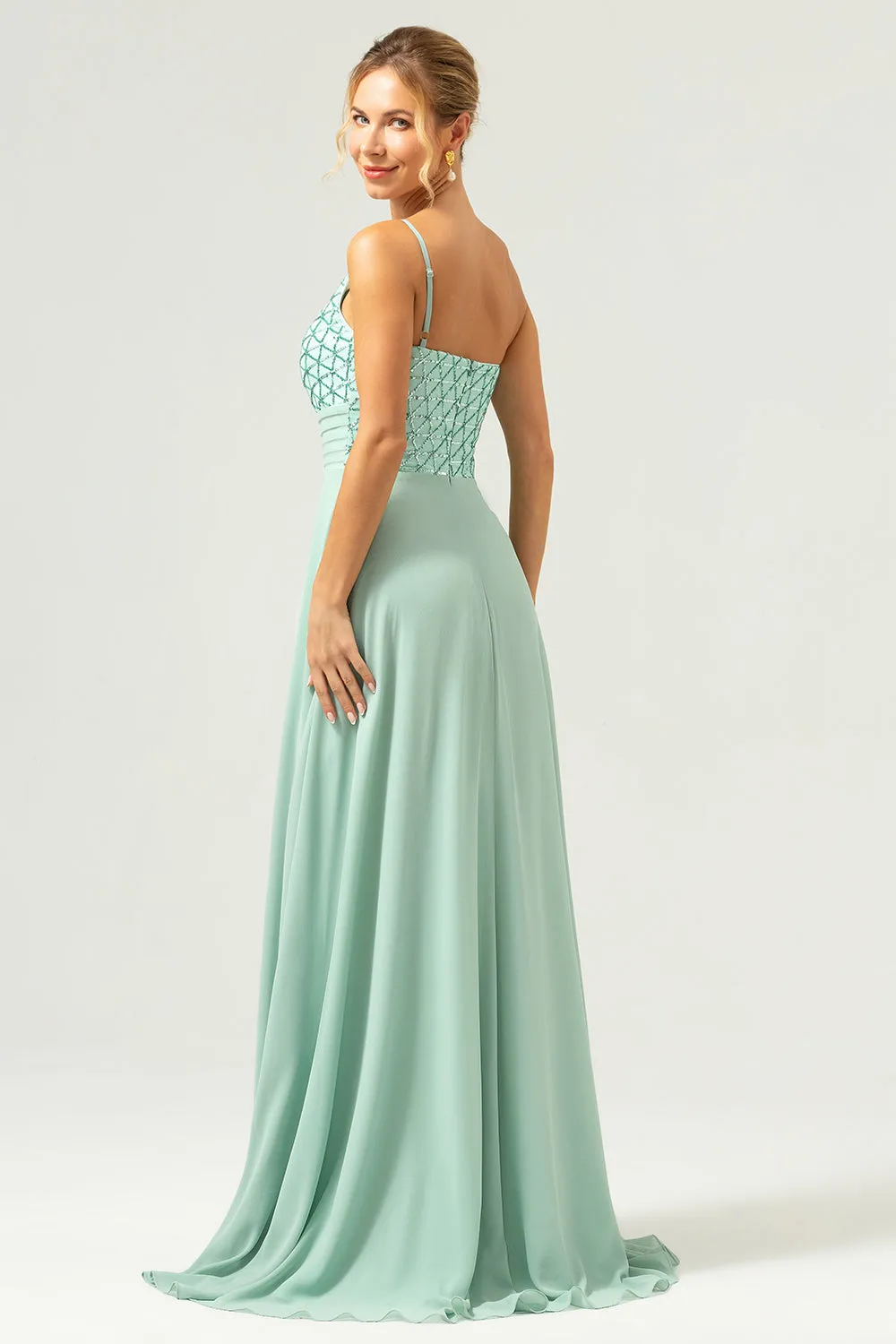 Sparkly Green A Line One Shoulder Satin Long Bridesmaid Dress sold by Wedtrend product image thumbnail 2