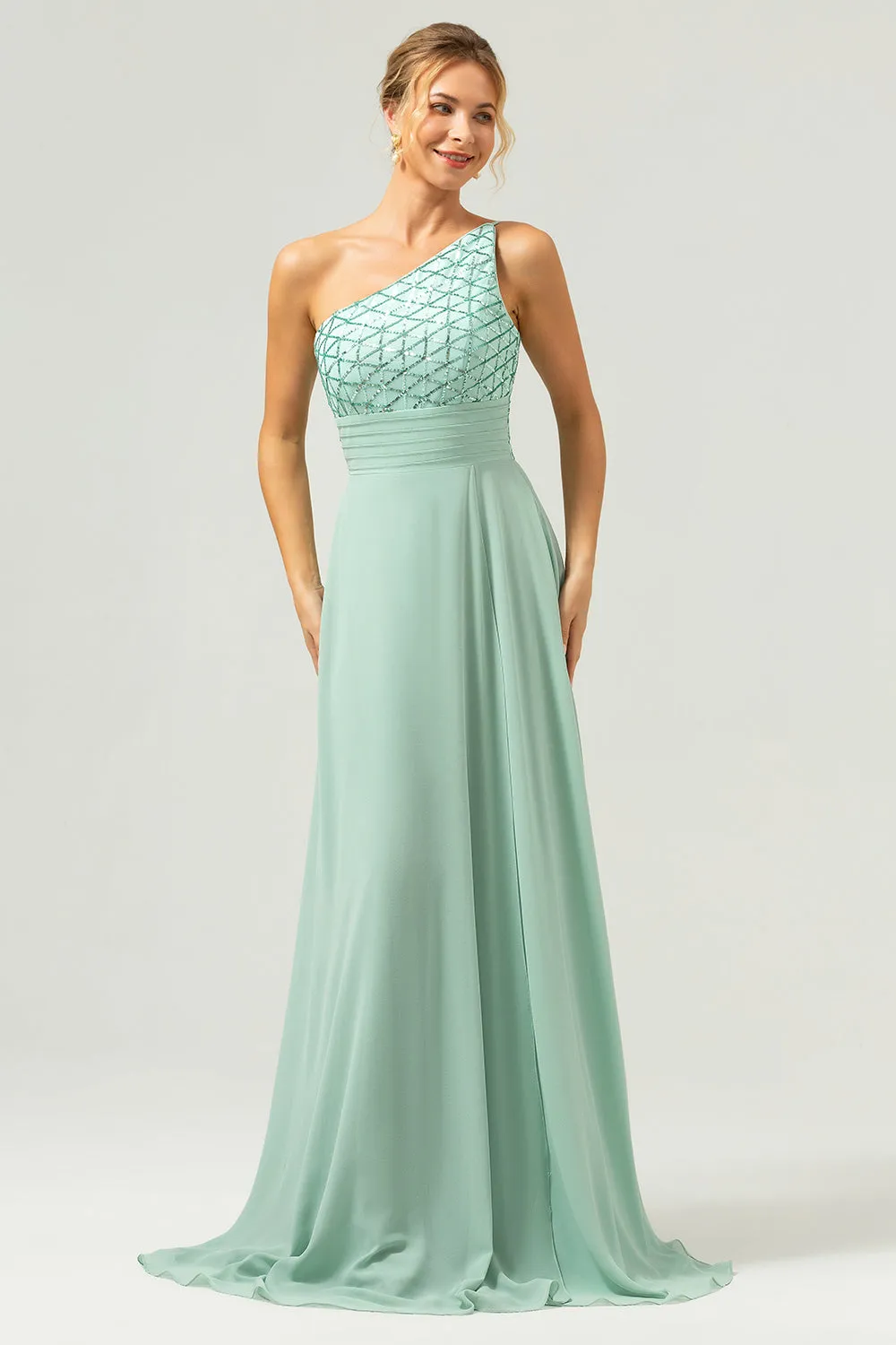 Sparkly Green A Line One Shoulder Satin Long Bridesmaid Dress sold by Wedtrend product image thumbnail 3