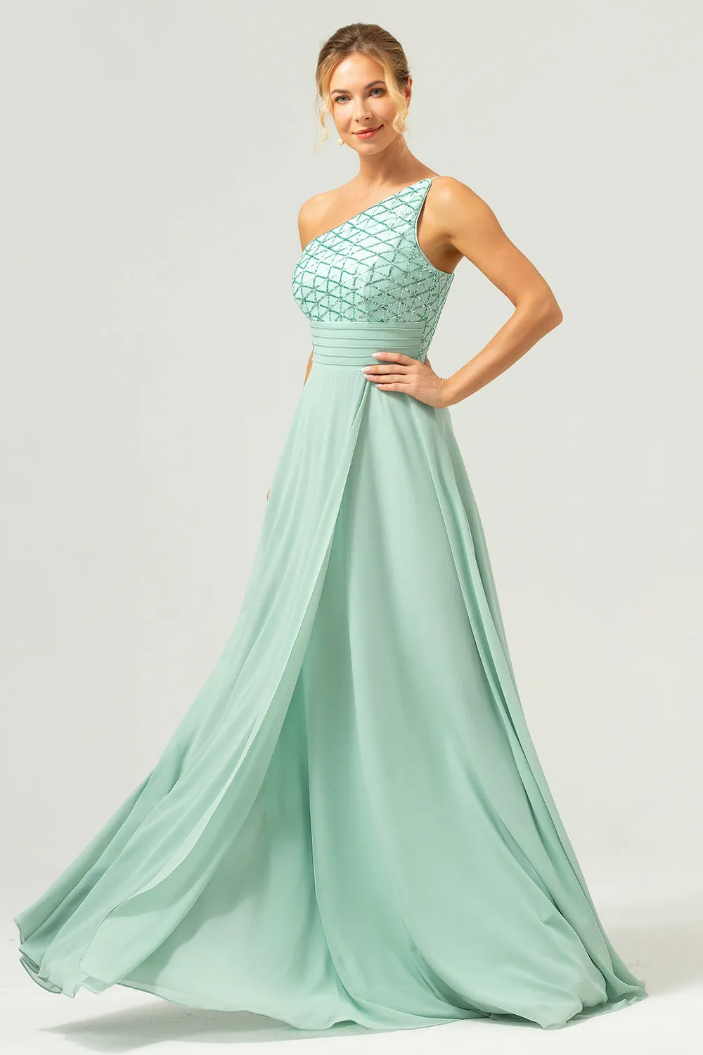 Sparkly Green A Line One Shoulder Satin Long Bridesmaid Dress sold by Wedtrend product image thumbnail 4