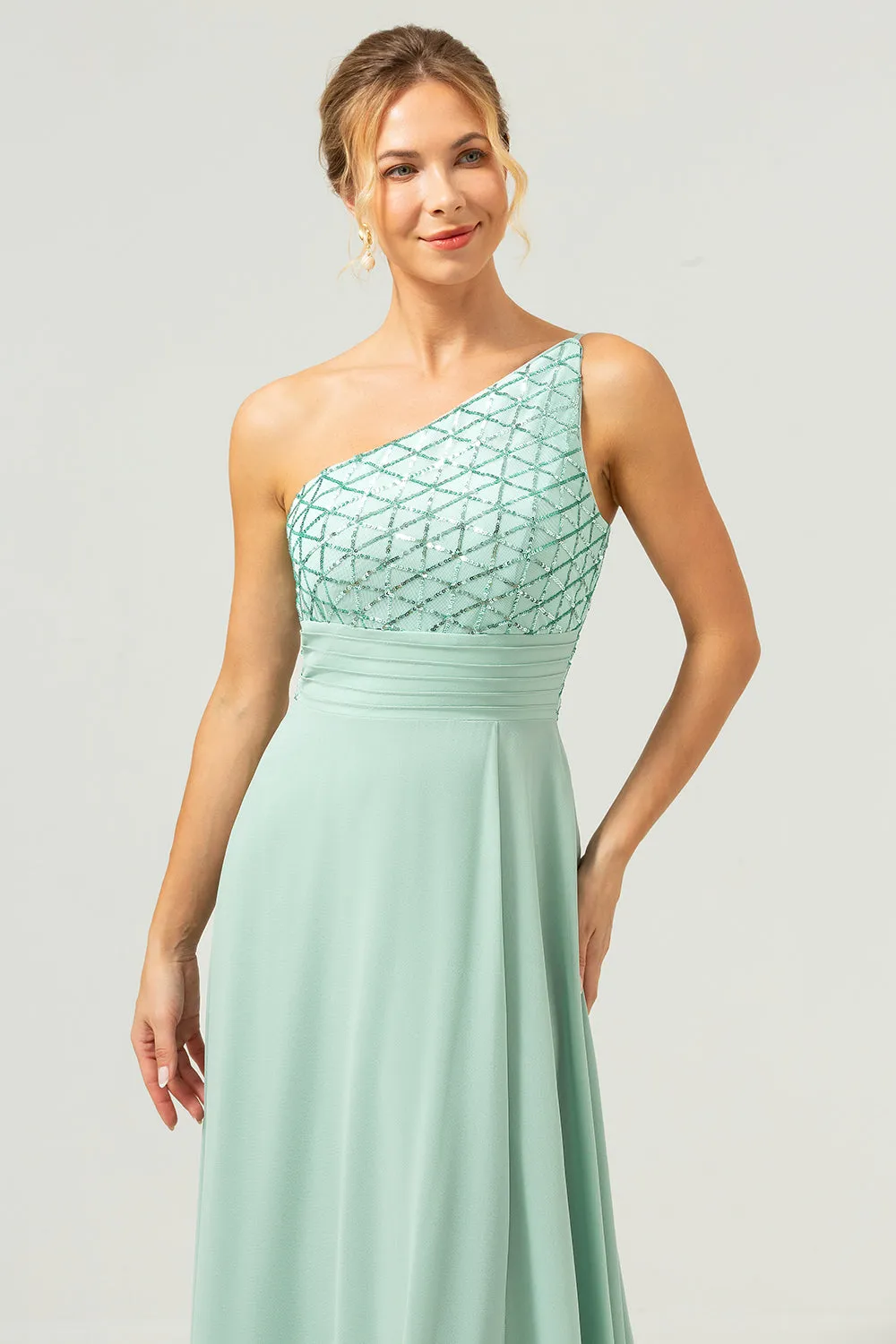 Sparkly Green A Line One Shoulder Satin Long Bridesmaid Dress sold by Wedtrend product image thumbnail 5