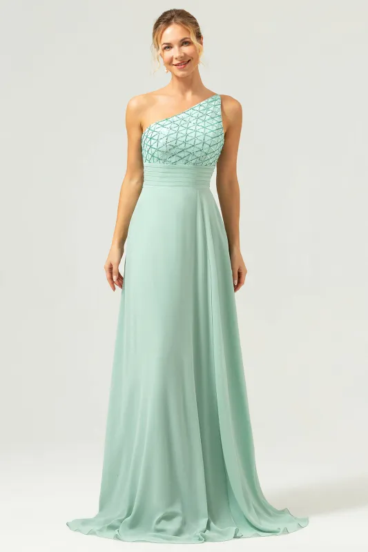 Sparkly Green A Line One Shoulder Satin Long Bridesmaid Dress made by Wedtrend