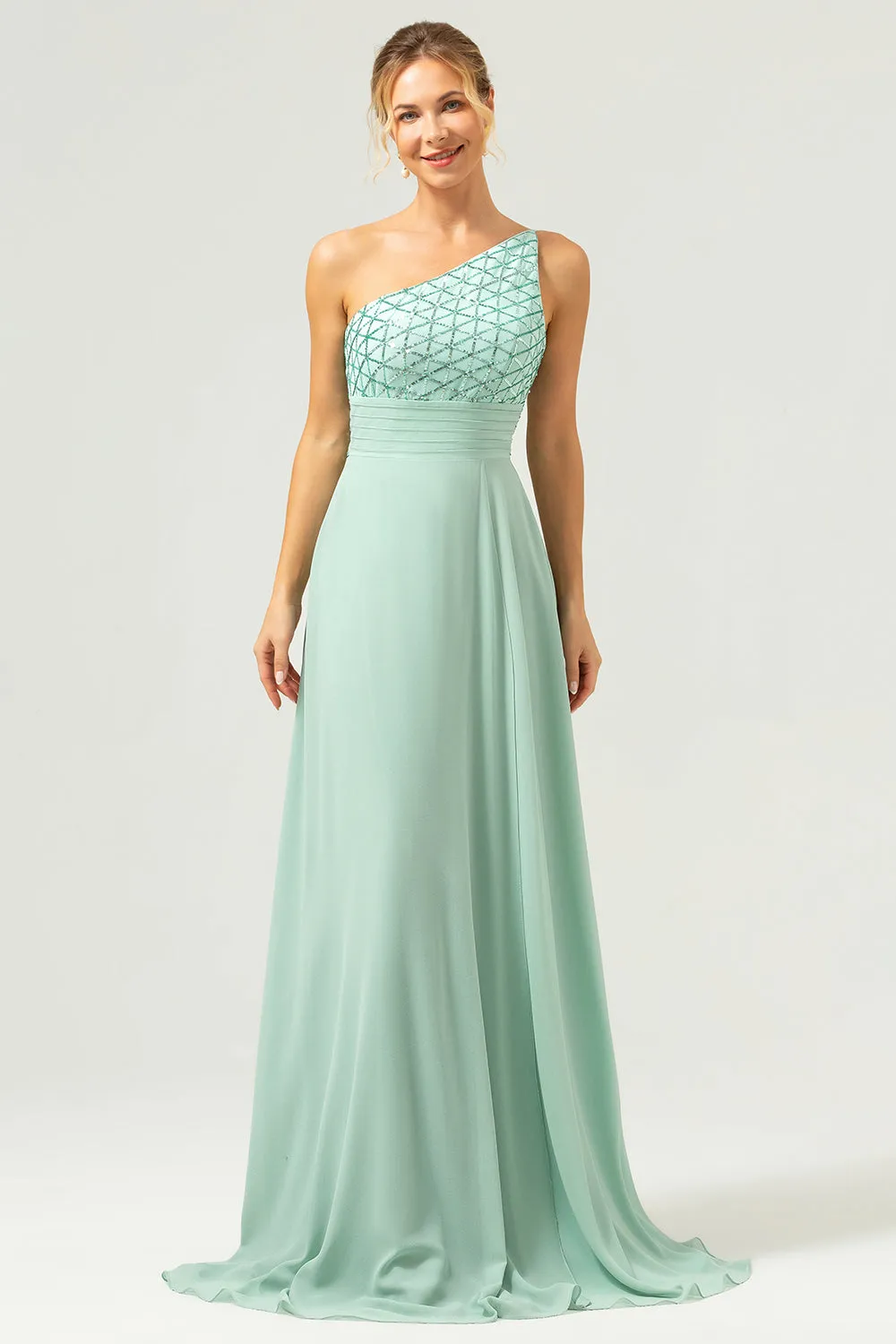 Sparkly Green A Line One Shoulder Satin Long Bridesmaid Dress sold by Wedtrend