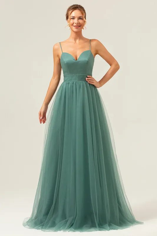 Eucalyptus A Line Spaghetti Straps Ruched Floor Length Bridesmaid Dress made by Wedtrend