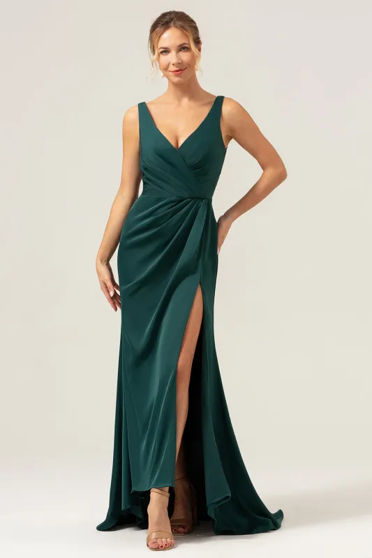 Dark Green Mermaid V Neck Ruched High-Low Long Satin Bridesmaid Dress with Slit sold by Wedtrend