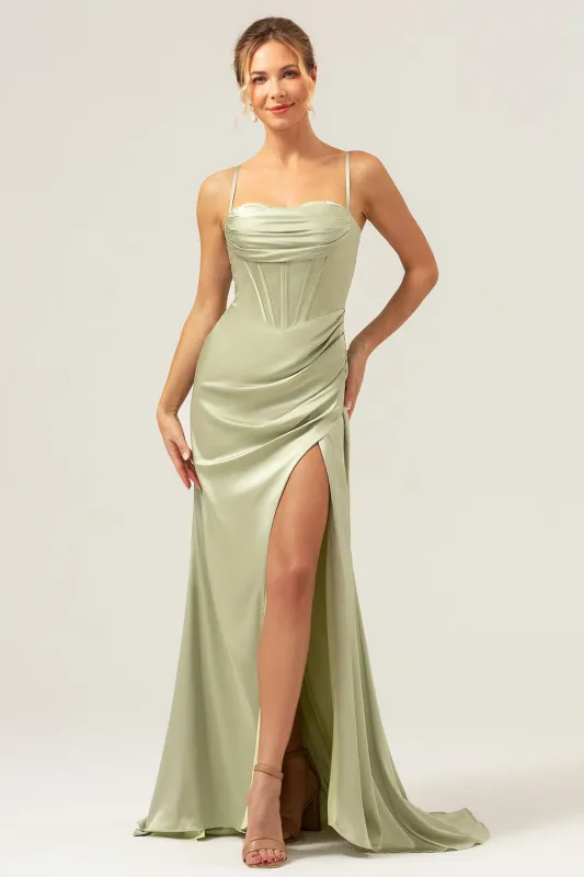 Sage Mermaid Cowl Neckline Ruched Corset Long Satin Bridesmaid Dress with Slit sold by Wedtrend