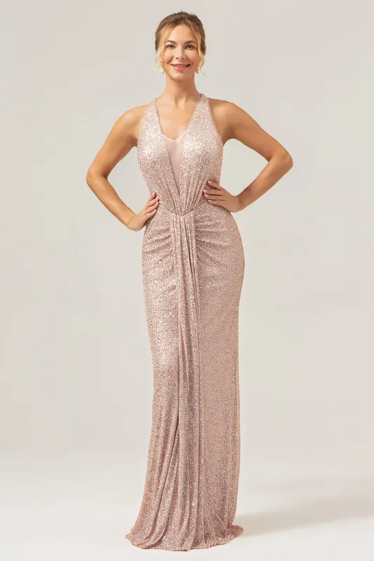 Sparkly Blush Mermaid Halter Ruched Long Prom Dress with Sequins sold by Wedtrend