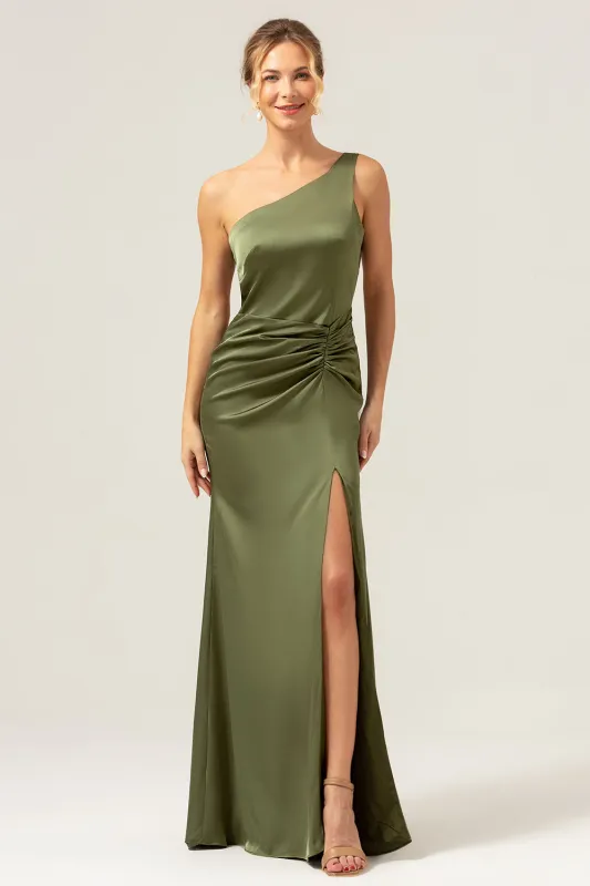 Elegant Mermaid One Shoulder Pleated Backless Olive Maxi Dress with Slit made by Wedtrend