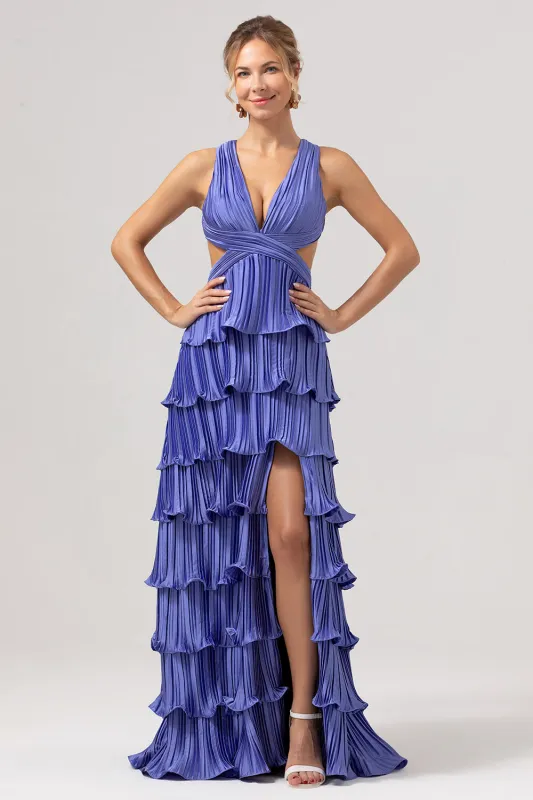 A Line Deep V Neck Tiered Chiffon Long Purple Prom Dress with Slit made by Wedtrend