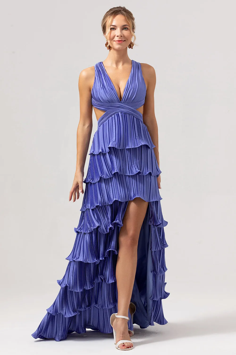 A Line Deep V Neck Tiered Chiffon Long Purple Prom Dress with Slit sold by Wedtrend product image thumbnail 3