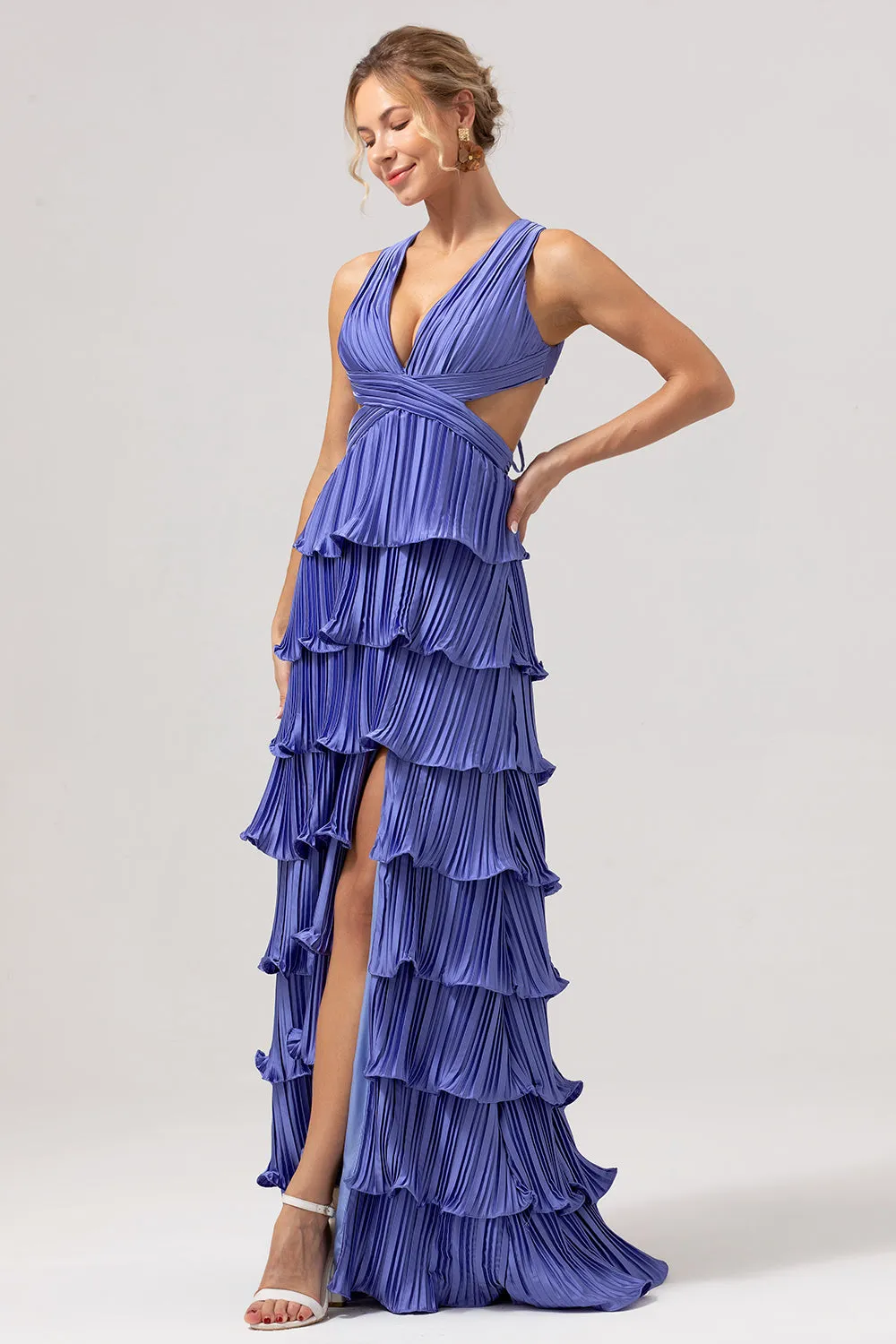 A Line Deep V Neck Tiered Chiffon Long Purple Prom Dress with Slit sold by Wedtrend product image thumbnail 4