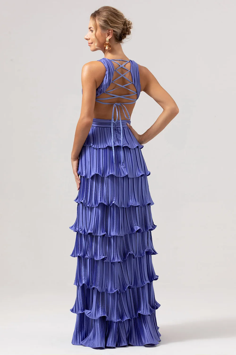 A Line Deep V Neck Tiered Chiffon Long Purple Prom Dress with Slit sold by Wedtrend product image thumbnail 2