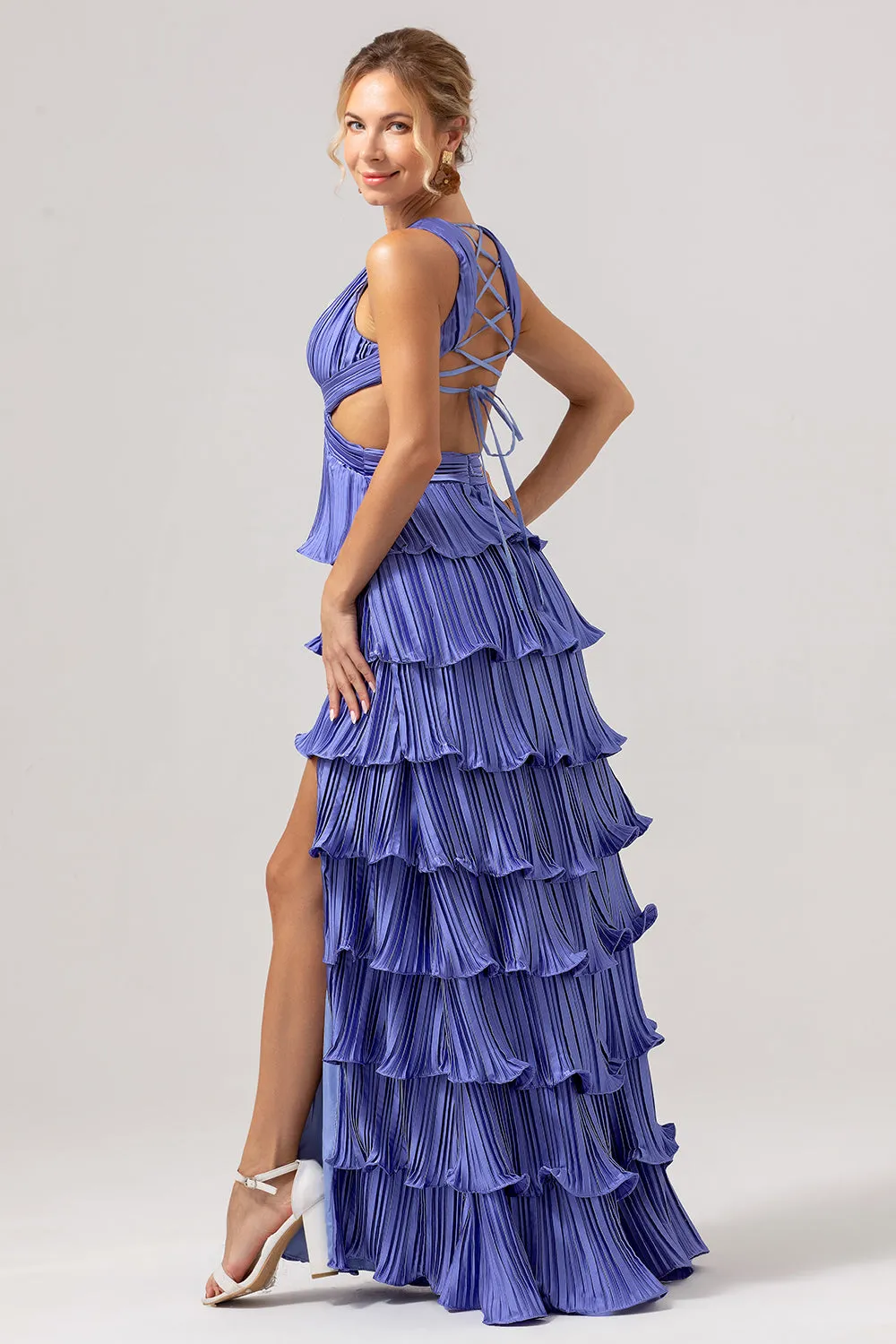 A Line Deep V Neck Tiered Chiffon Long Purple Prom Dress with Slit sold by Wedtrend product image thumbnail 5
