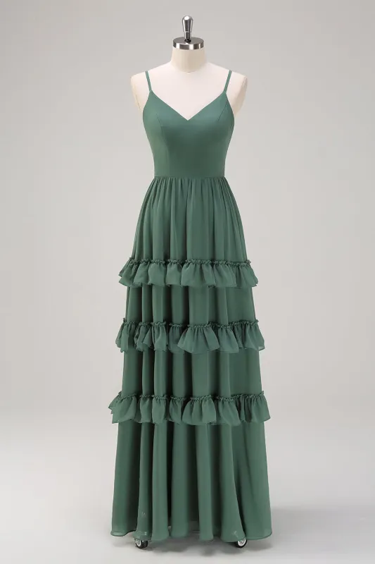 Eucalyptus A Line Spaghetti Straps Tiered Floor Length Bridesmaid Dress made by Wedtrend