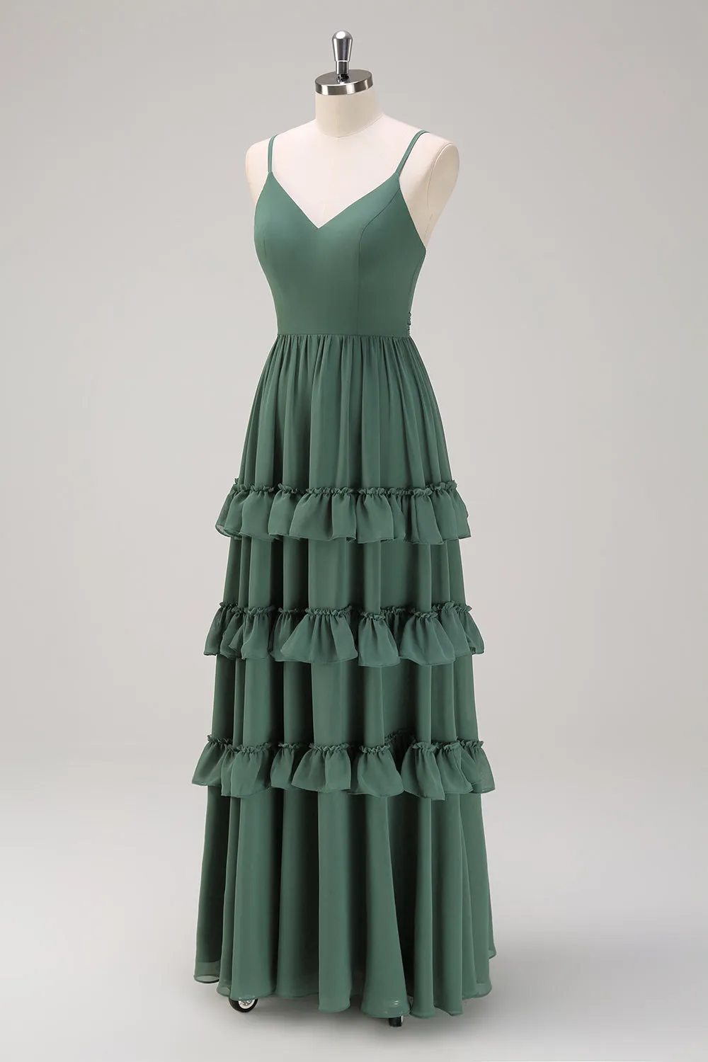 Eucalyptus A Line Spaghetti Straps Tiered Floor Length Bridesmaid Dress sold by Wedtrend product image thumbnail 3
