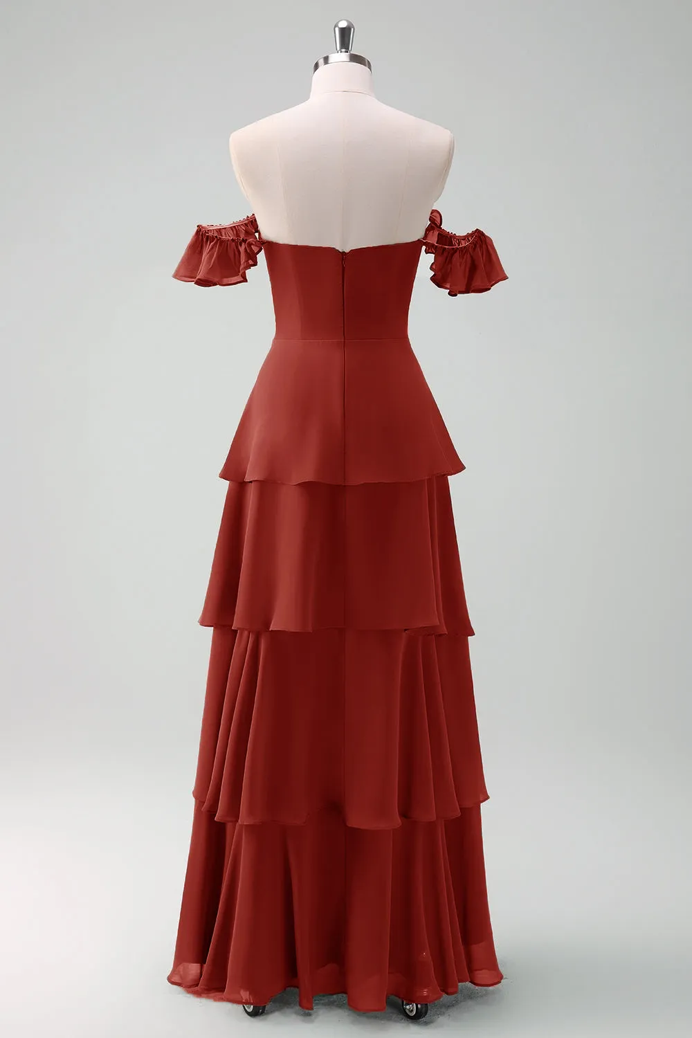 A Line Off The Shoulder Tiered Long Bridesmaid Dress with Ruffles sold by Wedtrend product image thumbnail 4