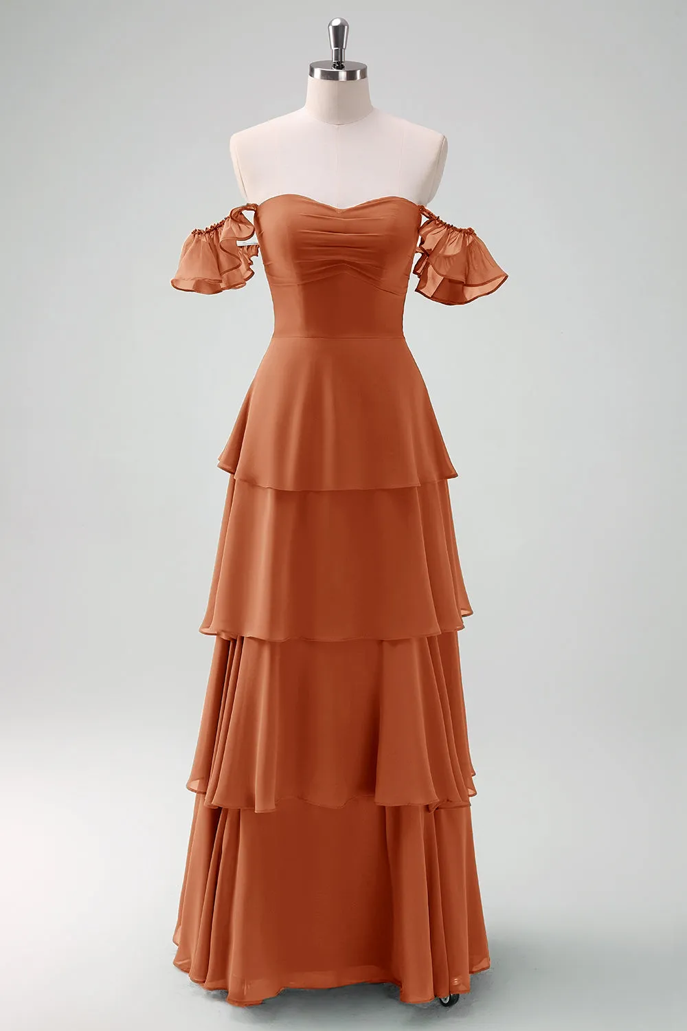 A Line Off The Shoulder Tiered Long Bridesmaid Dress with Ruffles sold by Wedtrend