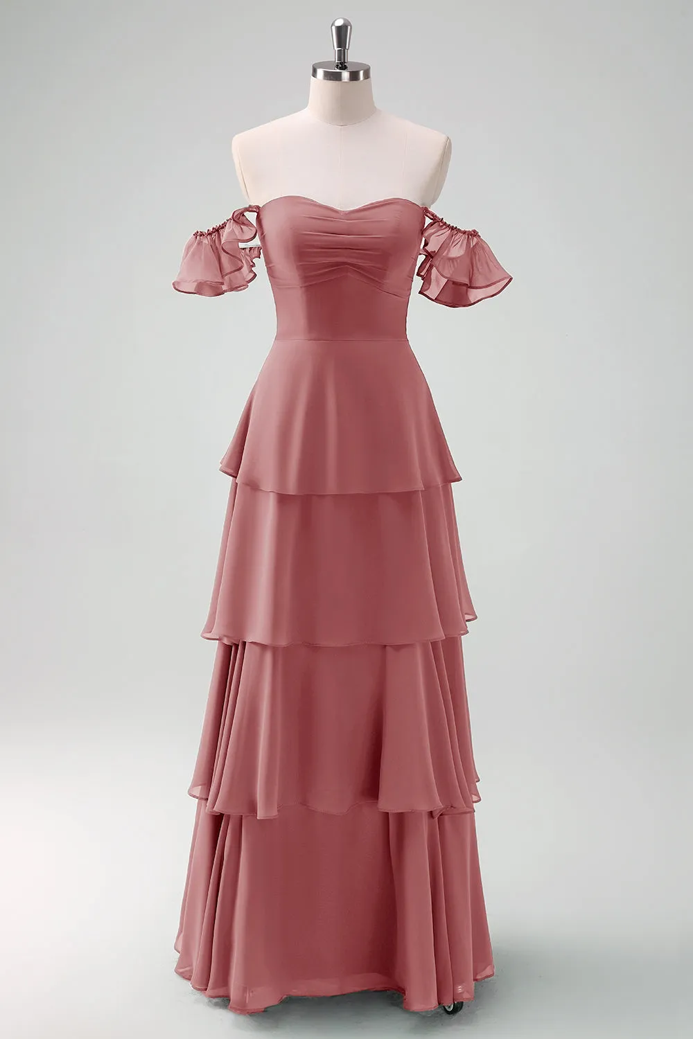 A Line Off The Shoulder Tiered Long Bridesmaid Dress with Ruffles sold by Wedtrend product image thumbnail 5