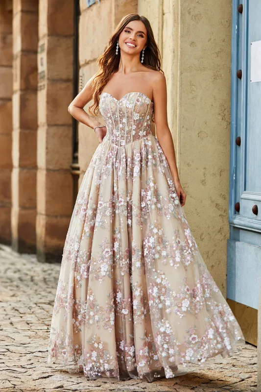 Champagne Princess Strapless Corset Long Prom Dress with Embroidery sold by Wedtrend