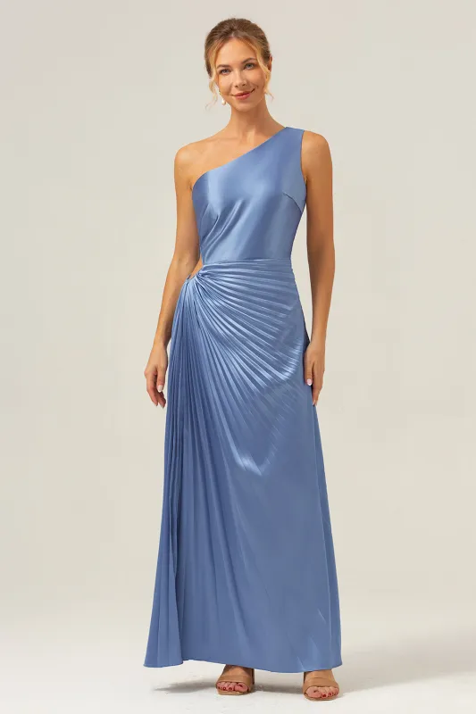 Sheath One Shoulder Pleated Keyhole Satin Long Blue Bridesmaid Dress made by Wedtrend
