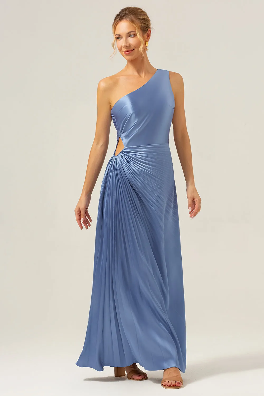 Sheath One Shoulder Pleated Keyhole Satin Long Blue Bridesmaid Dress sold by Wedtrend product image thumbnail 3