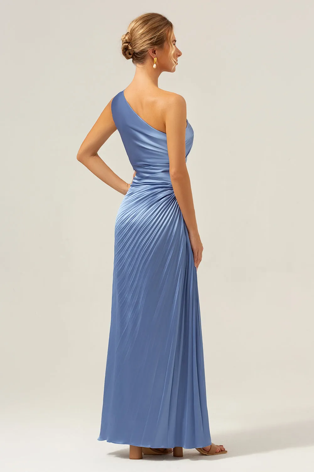 Sheath One Shoulder Pleated Keyhole Satin Long Blue Bridesmaid Dress sold by Wedtrend product image thumbnail 2