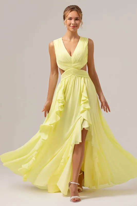 Lemon Yellow A Line V Neck Hollow Out Ruffle Pleated Long Bridesmaid Dress with Slit sold by Wedtrend