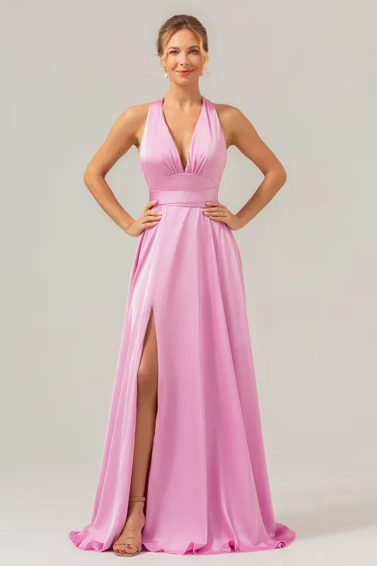 Pink A Line Deep V Neck Lace Up Back Long Satin Bridesmaid Dress with Slit sold by Wedtrend
