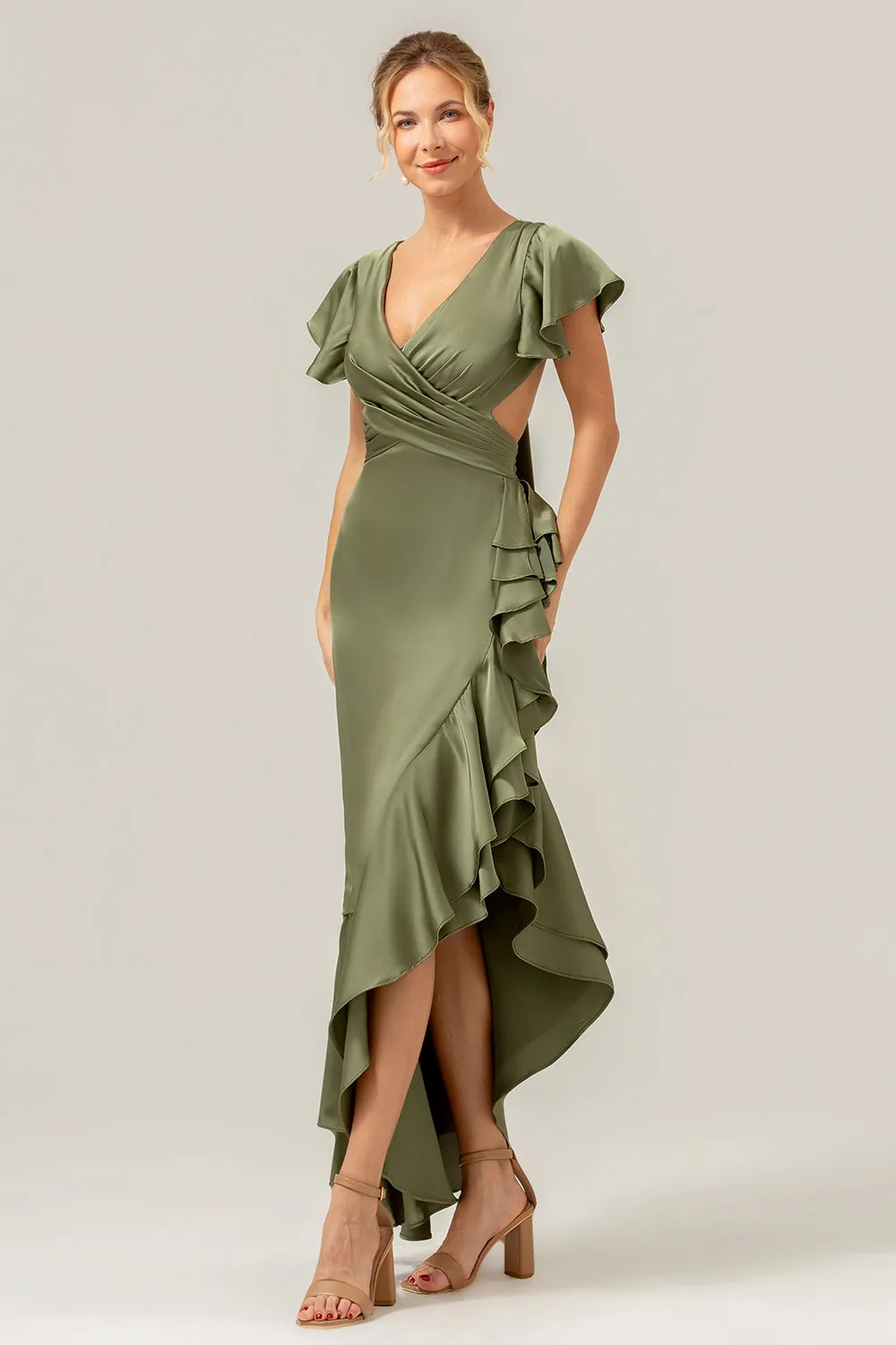 A Line V Neck Asymmetrical Olive Bridesmaid Dress with Ruffle Slit sold by Wedtrend product image thumbnail 4