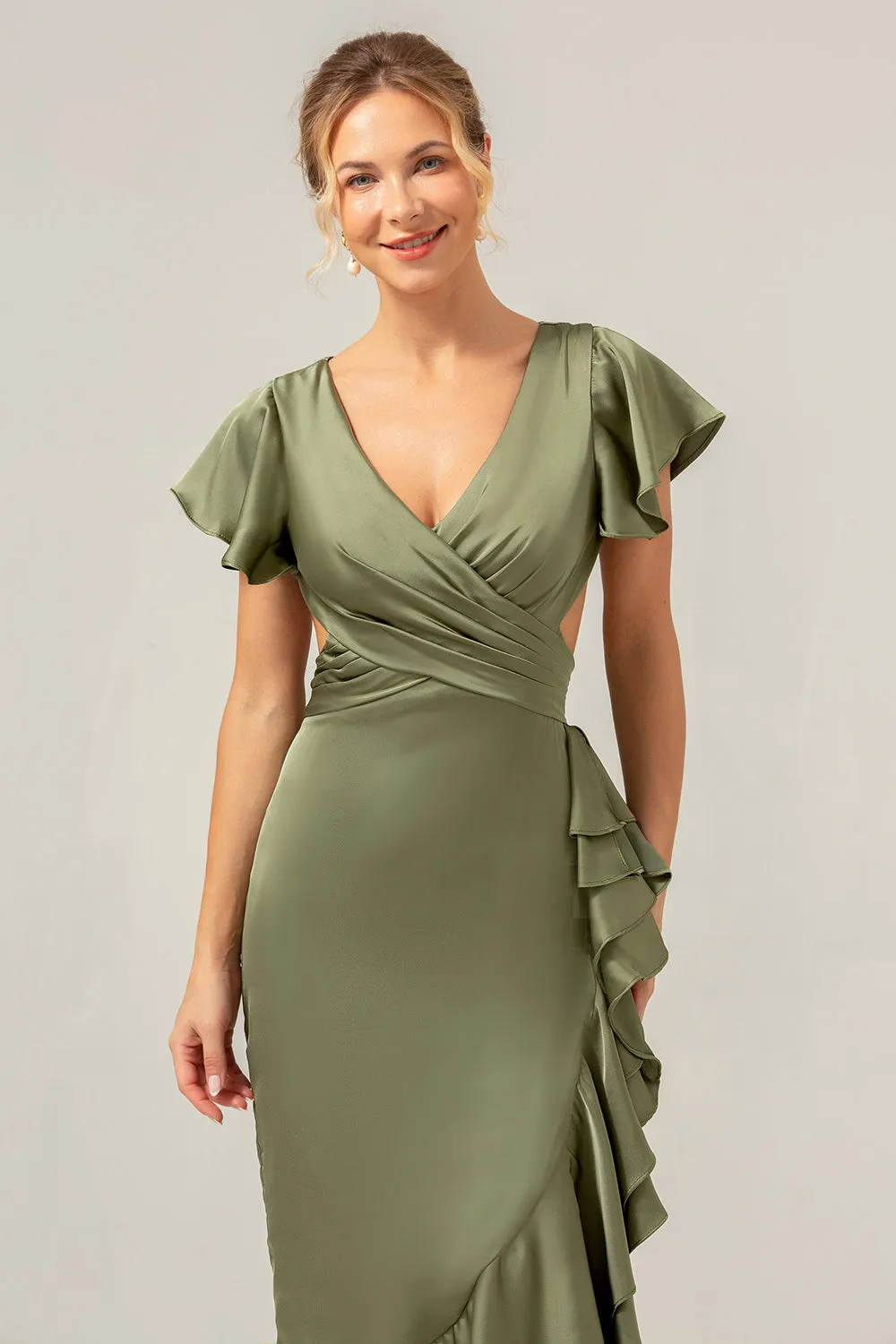 A Line V Neck Asymmetrical Olive Bridesmaid Dress with Ruffle Slit sold by Wedtrend product image thumbnail 5