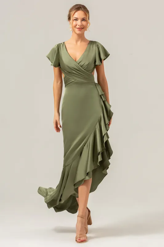 A Line V Neck Asymmetrical Olive Bridesmaid Dress with Ruffle Slit sold by Wedtrend