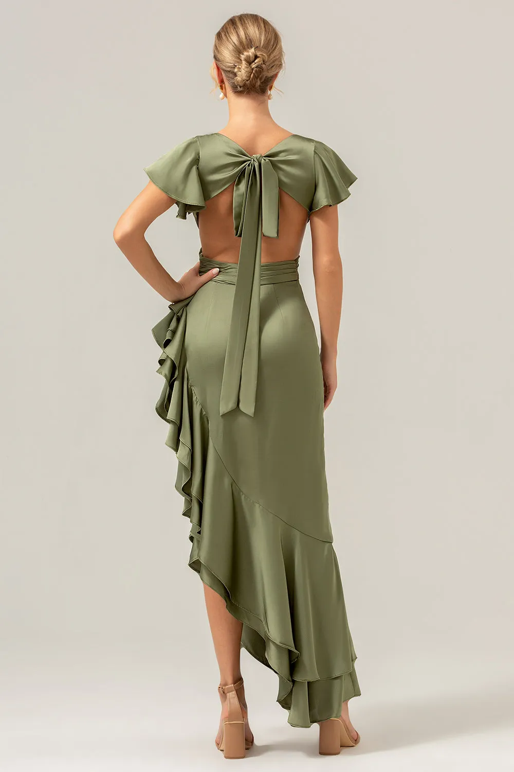 A Line V Neck Asymmetrical Olive Bridesmaid Dress with Ruffle Slit sold by Wedtrend product image thumbnail 2