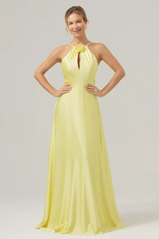 Yellow A Line Halter Backless Floor Length Bridesmaid Dress with Flower sold by Wedtrend