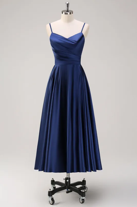 Dark Navy A Line Spaghetti Straps Pleated Tea-Length Bridesmaid Dress sold by Wedtrend