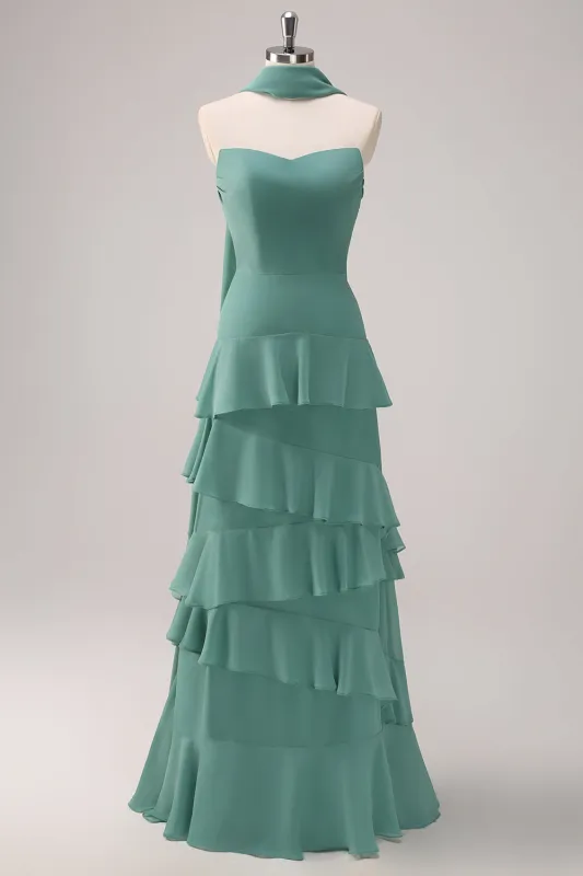 Eucalyptus A Line Strapless Tiered Chiffon Ruched Floor Length Bridesmaid Dress made by Wedtrend