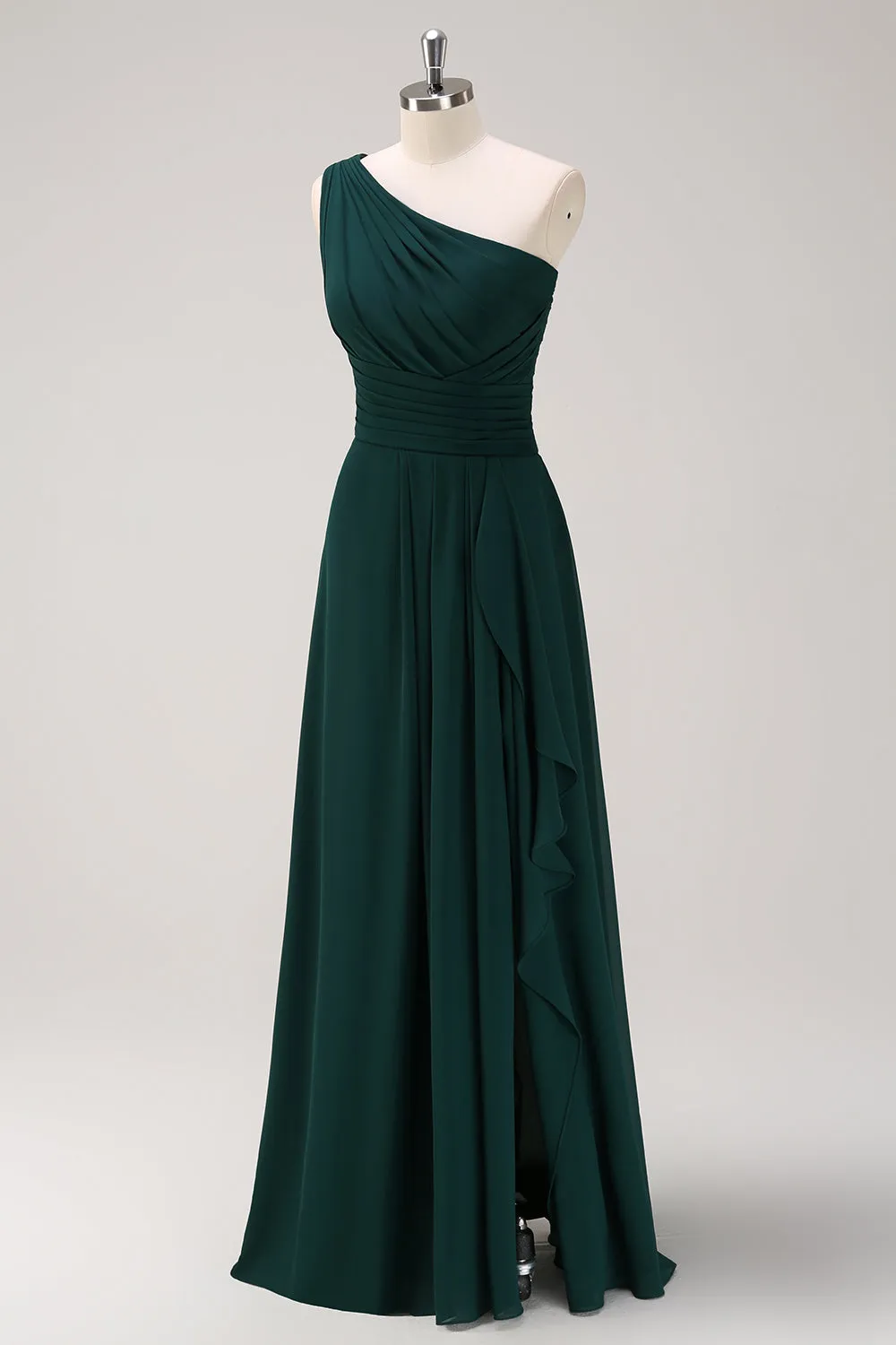 Dark Green A Line One Shoulder Chiffon Pleated Long Bridesmaid Dress sold by Wedtrend product image thumbnail 3