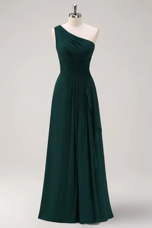 Dark Green A Line One Shoulder Chiffon Pleated Long Bridesmaid Dress made by Wedtrend