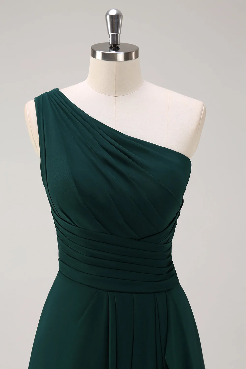 Dark Green A Line One Shoulder Chiffon Pleated Long Bridesmaid Dress sold by Wedtrend product image thumbnail 4