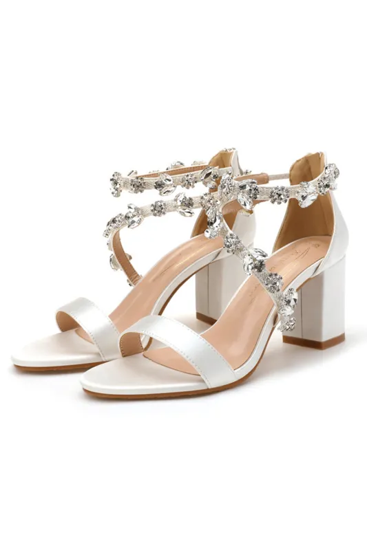 Rhinestone White Chunky High Heel Sandals made by Wedtrend