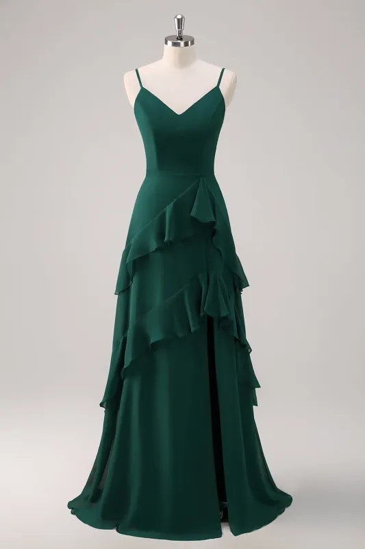 Dark Green A Line Spaghetti Straps Ruffled Chiffon Floor Length Bridesmaid Dress with Slit sold by Wedtrend