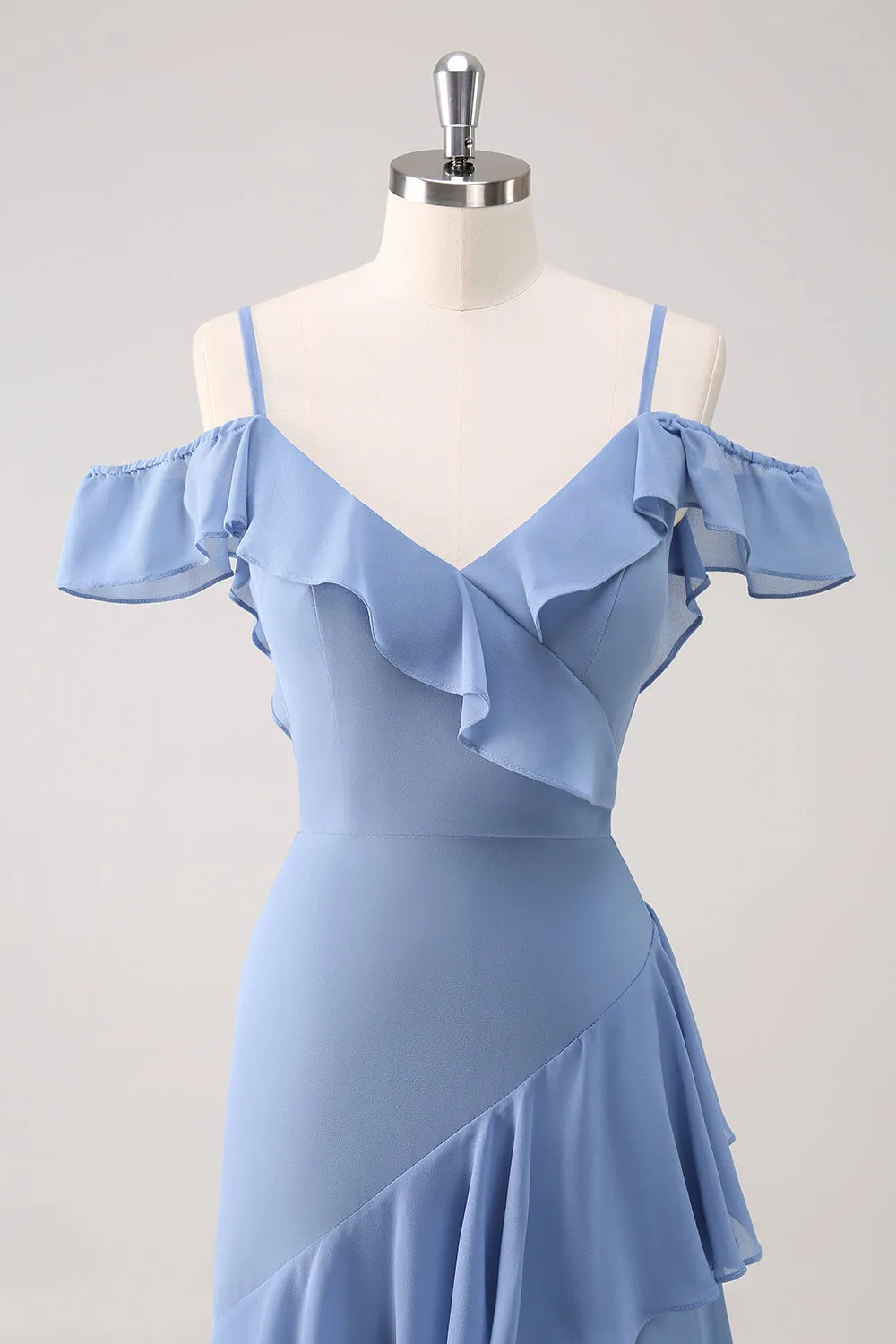 Grey Blue A Line Cold Shoulder Chiffon Long Bridesmaid Dress with Ruffles sold by Wedtrend product image thumbnail 4