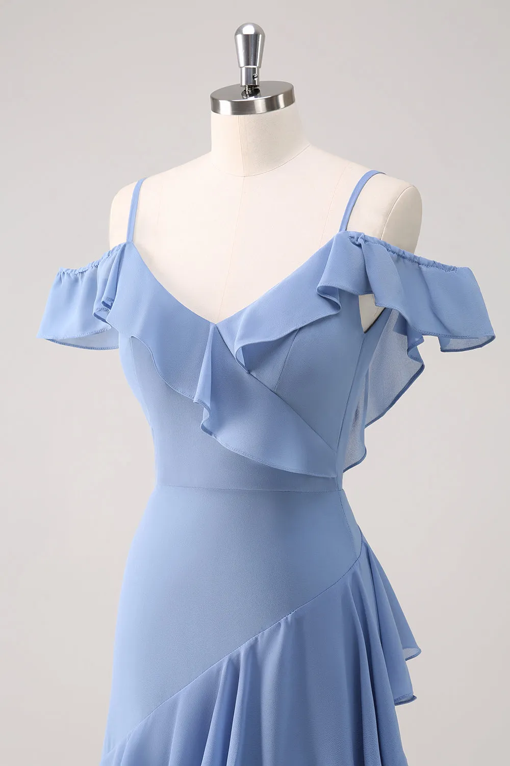 Grey Blue A Line Cold Shoulder Chiffon Long Bridesmaid Dress with Ruffles sold by Wedtrend product image thumbnail 5
