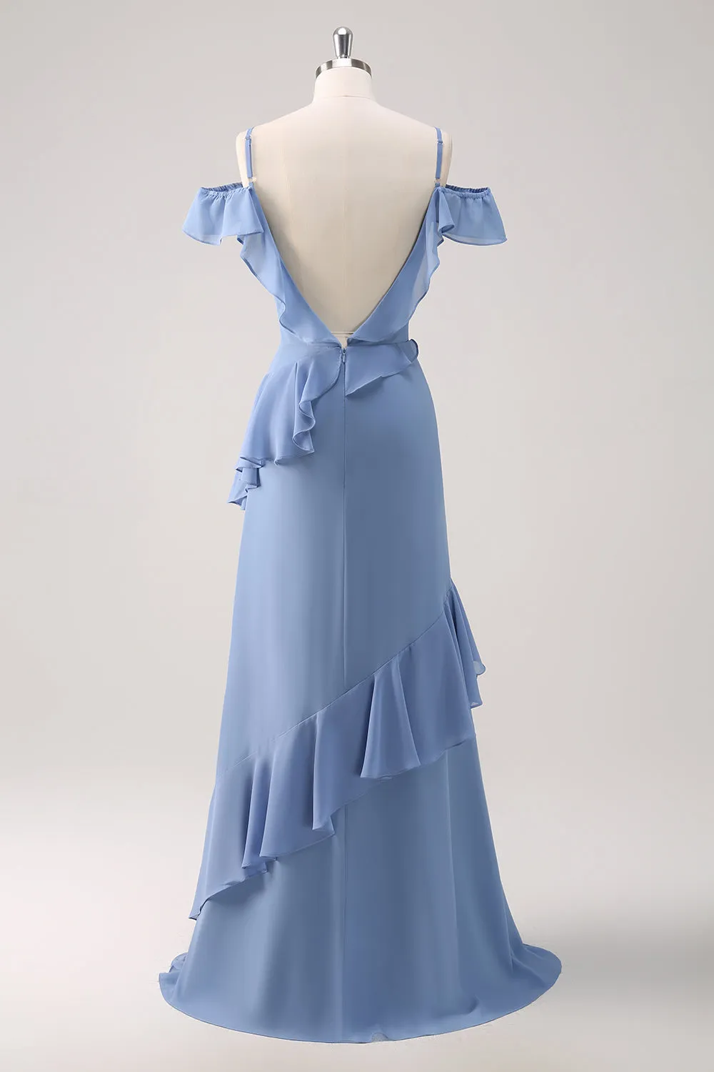 Grey Blue A Line Cold Shoulder Chiffon Long Bridesmaid Dress with Ruffles sold by Wedtrend product image thumbnail 2