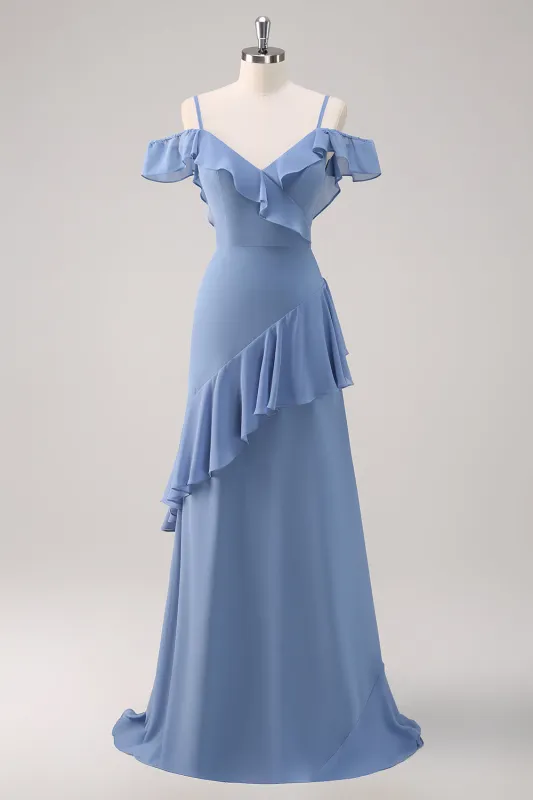 Grey Blue A Line Cold Shoulder Chiffon Long Bridesmaid Dress with Ruffles sold by Wedtrend