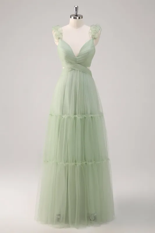 Dusty Sage A Line V Neck Ruched Hollow Out Long Bridesmaid Dress with Open Back sold by Wedtrend