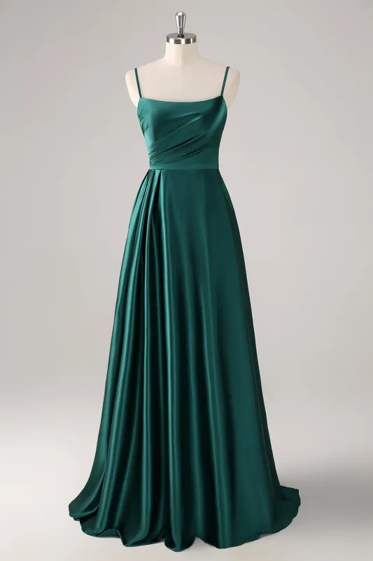 Dark Green A Line Spaghetti Straps Ruched Satin Bridesmaid Dress made by Wedtrend