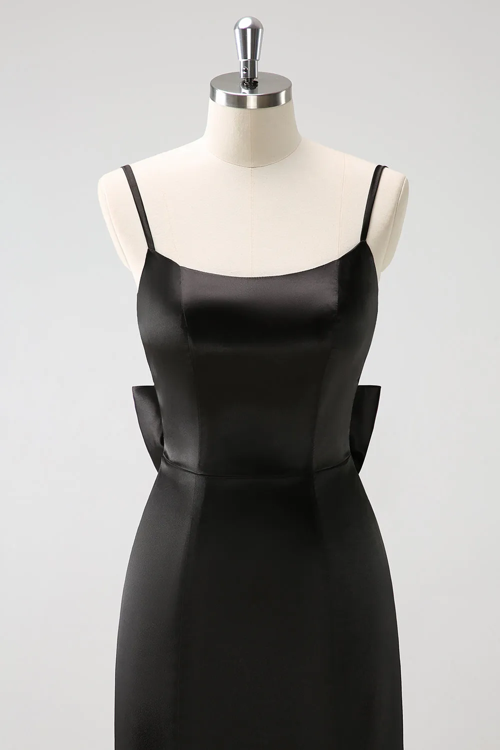 Black Mermaid Spaghetti Straps Long Ruffle Satin Bridesmaid Dress with Bow sold by Wedtrend product image thumbnail 4