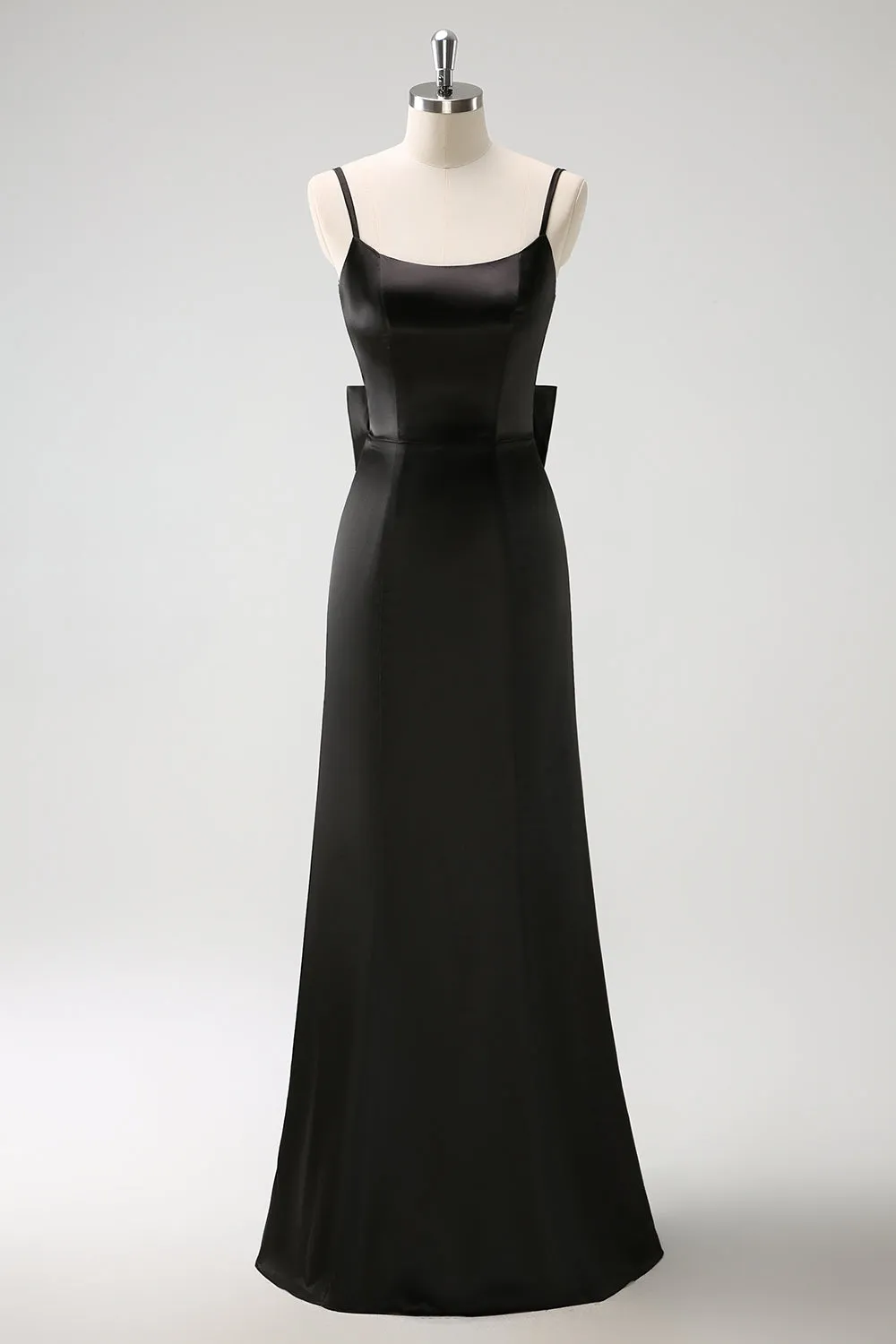 Black Mermaid Spaghetti Straps Long Ruffle Satin Bridesmaid Dress with Bow sold by Wedtrend